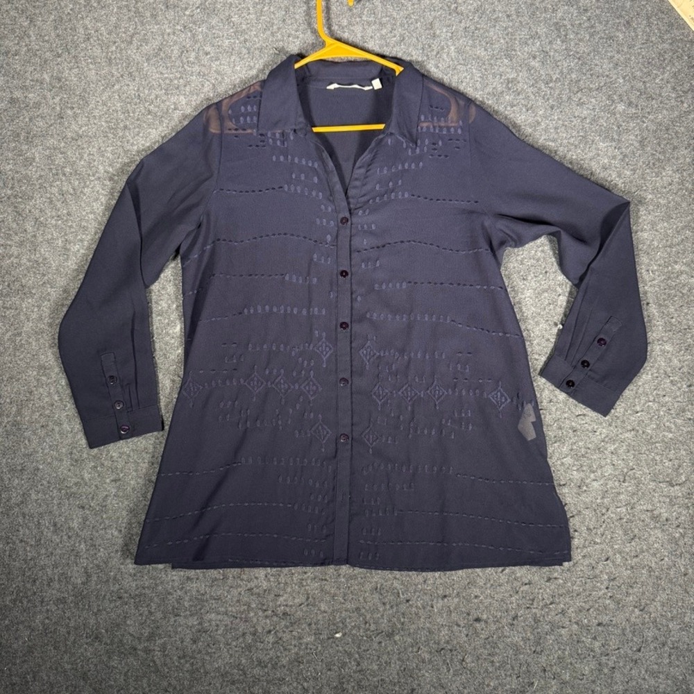 Soft Surroundings Navy Blue Embroidered Button Down Blouse Sheer Mesh PM 3BX79